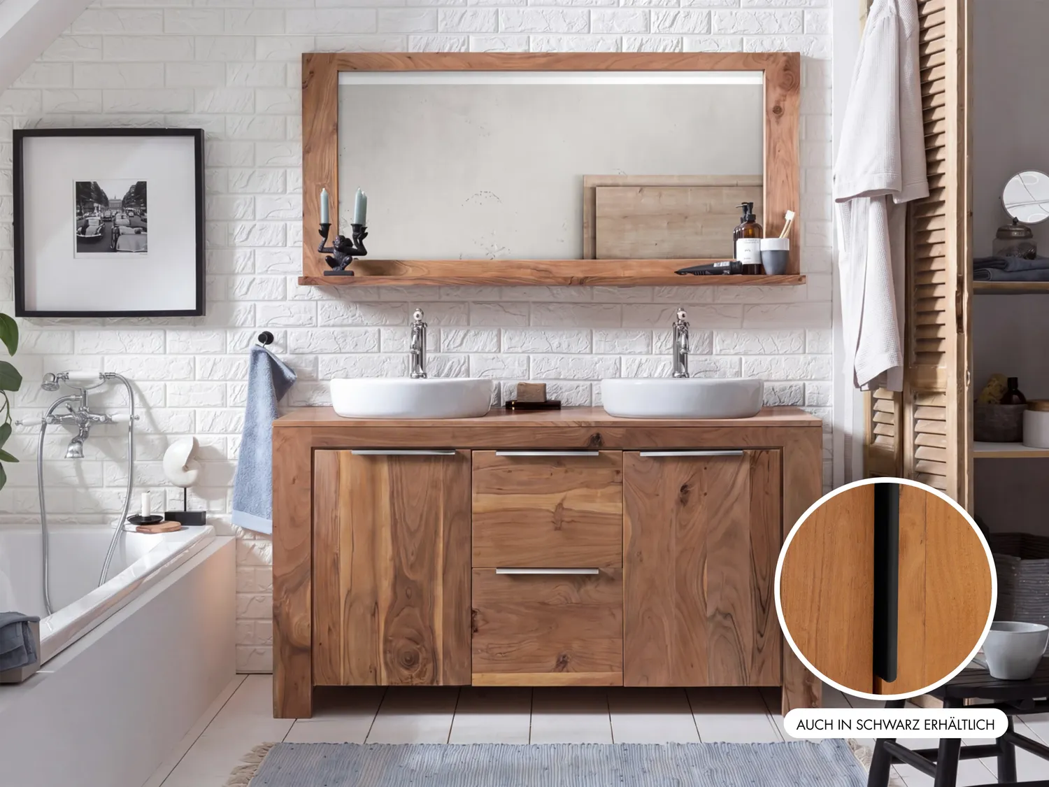 Badmöbelset 2-teilig Osbon massivum Akazie Massivholz braun silber Waschtisch mit Spiegel 140 x 76 x 50 cm Badezimmer Möbel Set Landhaus Bild 1