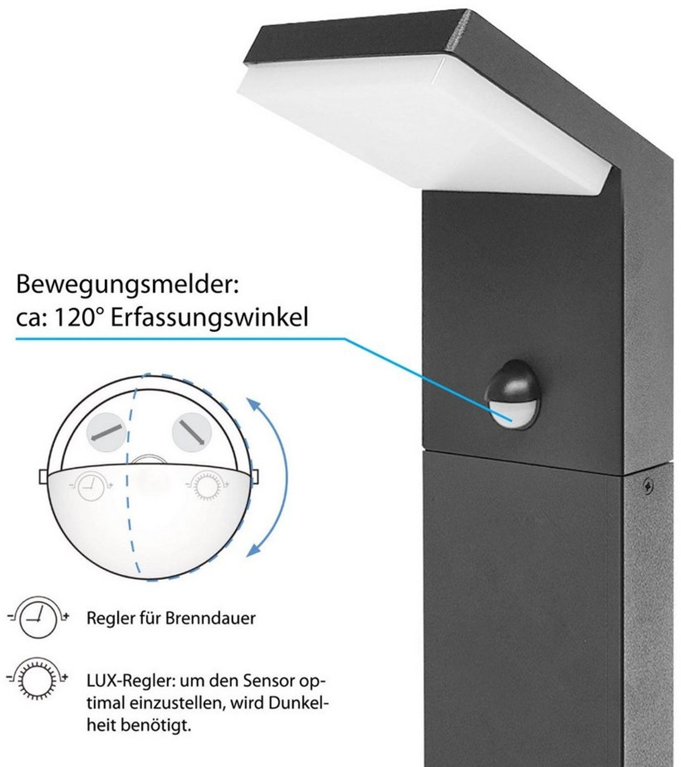 Maxkomfort LED Außen-Stehlampe mit/ohne Bewegungsmelder, 9W Warmweiß 3000K, mit Bewegungsmelder, LED fest integriert, Außenstandleuchte für Garten & Wege - IP44 Aluminium Bild 1