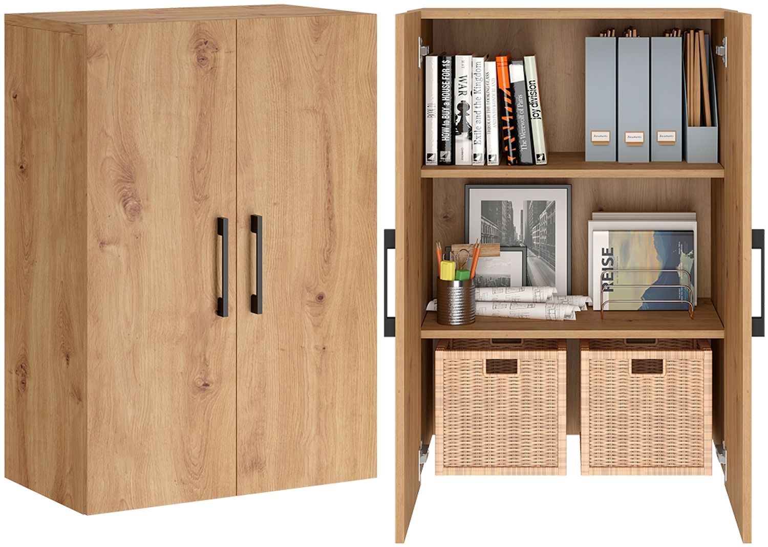 Bellamio 'Apol' Mehrzweckschrank, Eichenoptik, 88x33x60 cm, kleiner Aktenschrank mit 3 Fächern Bild 1