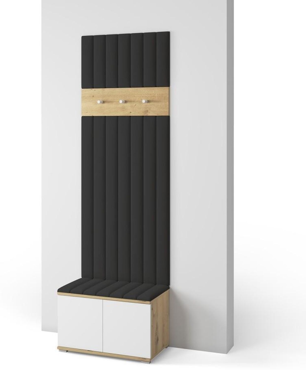 Garderoben-Set Aura version 12 mit Schuhregal und Polsterplatten, Ideal für Flur und Eingangsbereich (Weiß / Eiche Artisan, Trinity 16), 225 x 40 x 70 cm Bild 1