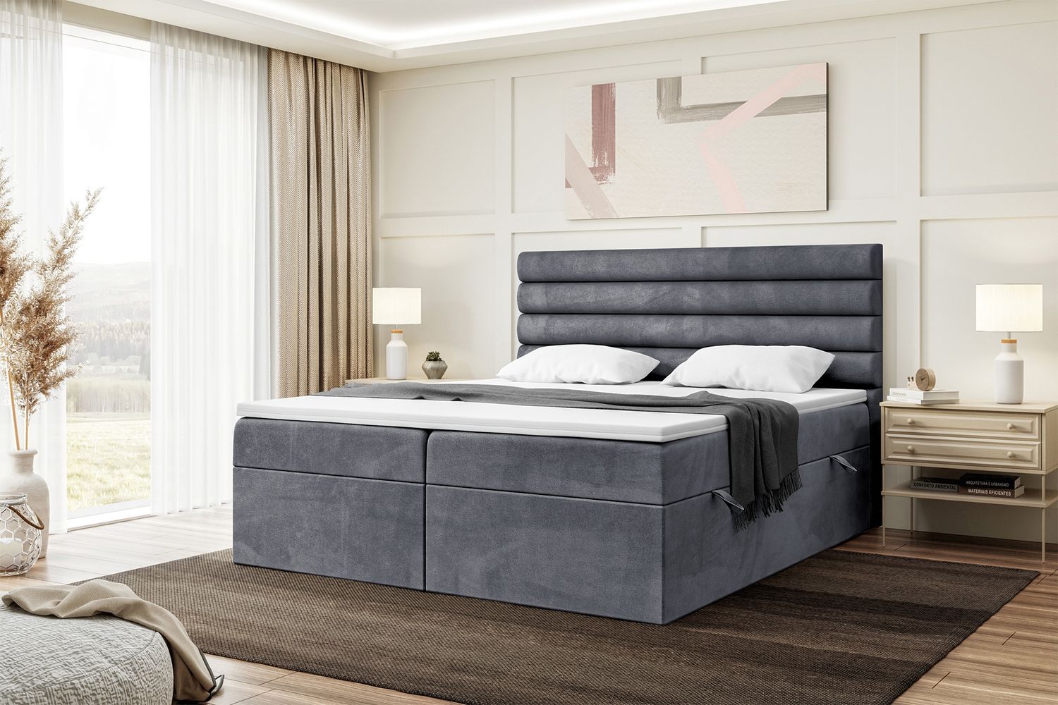 MEBLINI Boxspringbett KARIM 200x220 cm mit Bettkasten - H4/Dunkelgrau Samt Polsterbett - Doppelbett mit Topper & Taschenfederkern-Matratze Bild 1