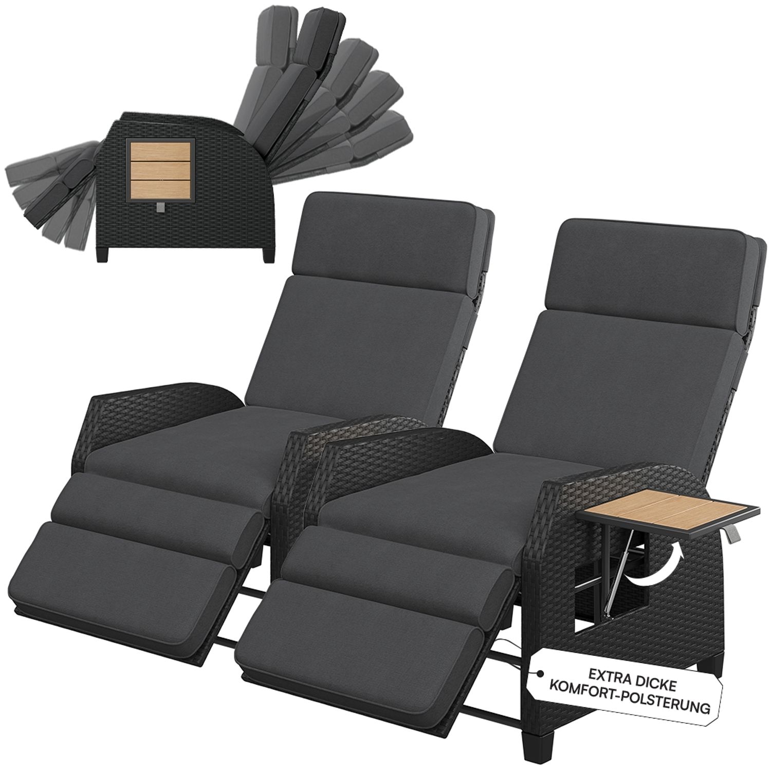 STEELSØN 'Caelum' Polyrattan Sessel mit Liegefunktion, schwarz/Akazie, verstellbare Rückenlehne, inkl. Polster, Ausklapptisch, wetterfest, 2er Set Bild 1