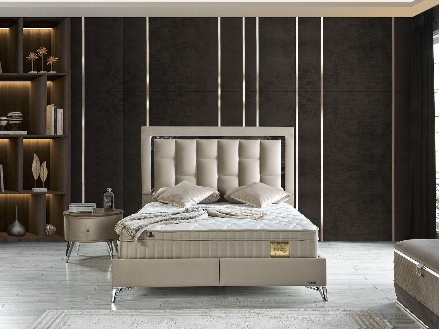 Schlafzimmer-Set "Tiva" – Bett mit Bettkasten und Matratze , Nachttisch, Bettbank-Beige Bild 1
