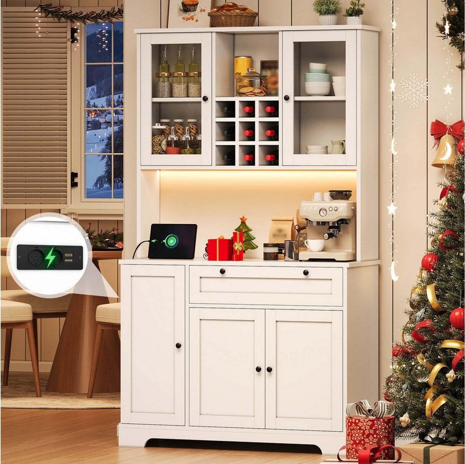 Flieks Küchenbuffet mit Steckdose, LED-Beleuchtung, Weinregal, Glastüren und Türablagen (1-St, 105x40x180 cm) Hochschrank Küchenschrank Geschirrschrank mit verstellbare Ablagen Bild 1