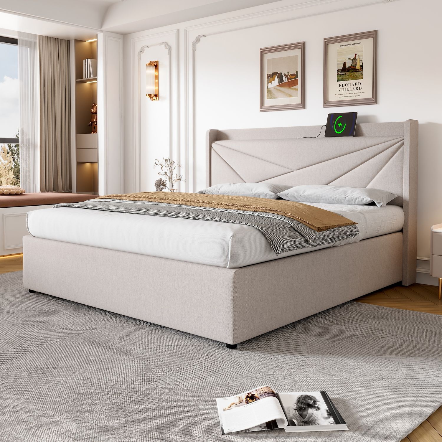 Polsterbett aus Baumwoll-Leinen mit Stauraum & USB-Anschluss, 146x208x107 cm, Beige, ohne Matratze Bild 1