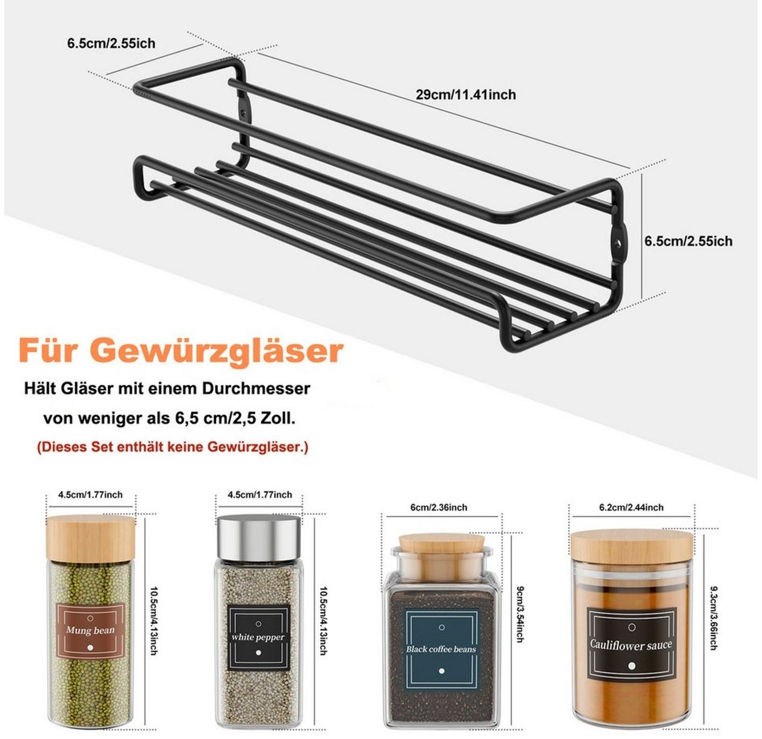 Venkuber Gewürzregal Wandgewürzregal 2er-Set hängender Metall-Gewürzhalter, 2-tlg, mit selbstklebend und Schrauben, für Gewürzgläser, Küchenschrank Bild 1