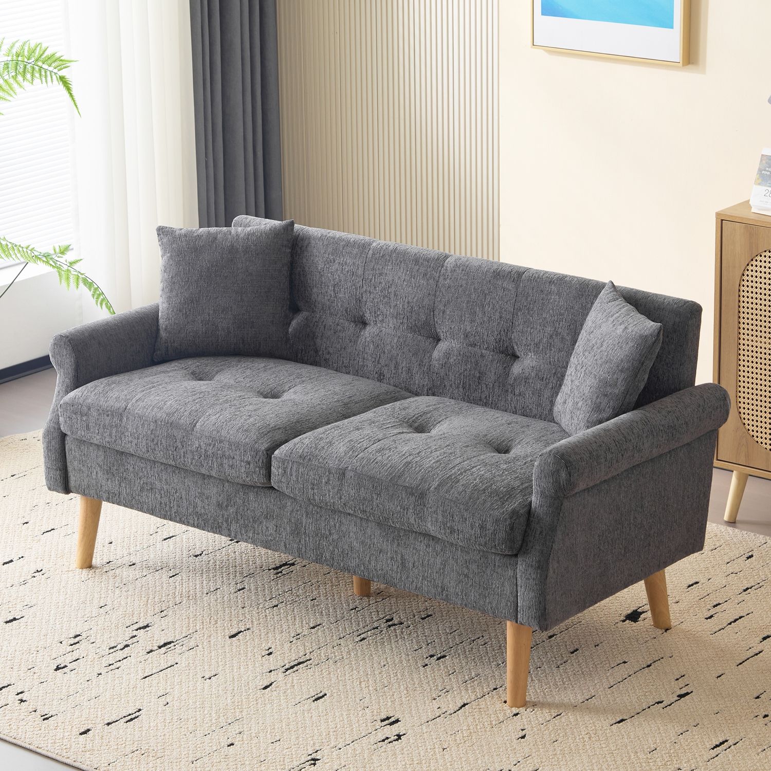 Modernes Design, Polstermöbel, Chenille-Stoff, Doppelsofa, Polstersofa, Sofa mit dicken Kissen, geeignet für Wohnzimmer, Schlafzimmer, Grau Bild 1