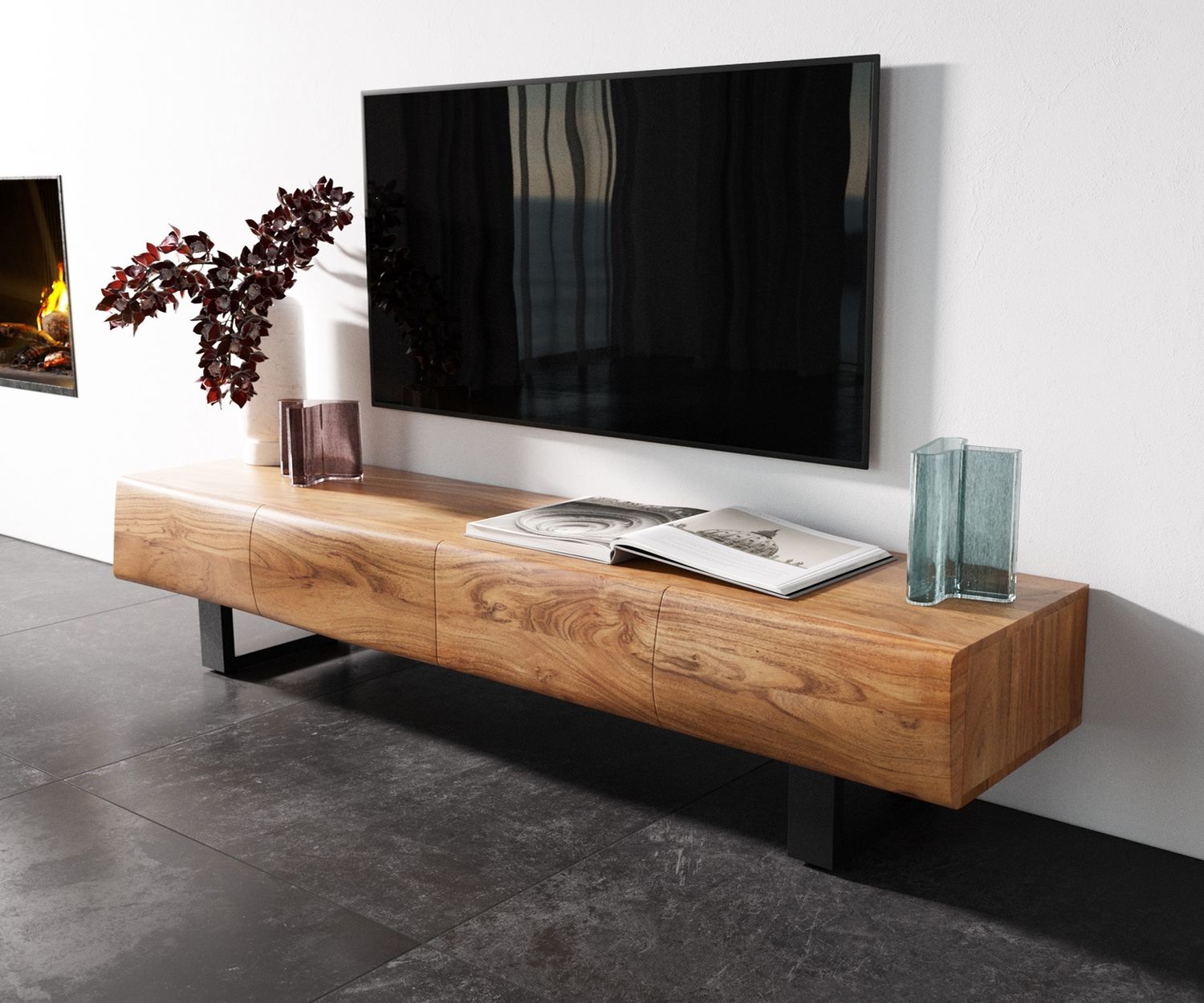 Lowboard New Live-Edge 175 cm Akazie Natur 4 Türen Kufe Metall Schwarz Bild 1