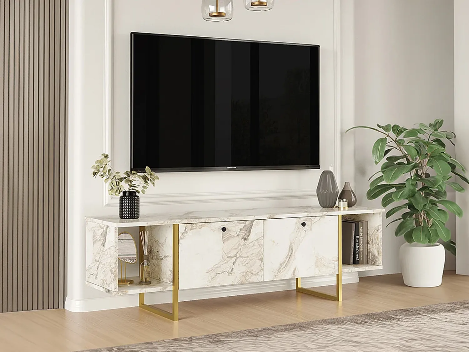 Vente-unique - TV-Möbel mit 2 Türen & 2 Regalen - Marmor-Optik Weiß & Goldfarben - DERANA Bild 1