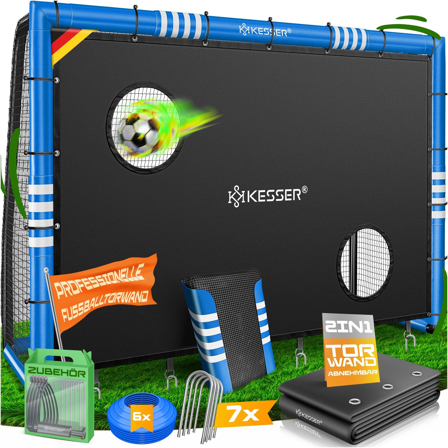 KESSER® Fußballtor für Garten robustes Outdoor Training Schusstraining UV-beständigem Netz, Stahlrahmen mit Polsterung, Erdhaken, Luftpumpe, Hüttchen, Montagezubehör für Kinder und Erwachsene Blau, 300cm, mit Torwand Bild 1