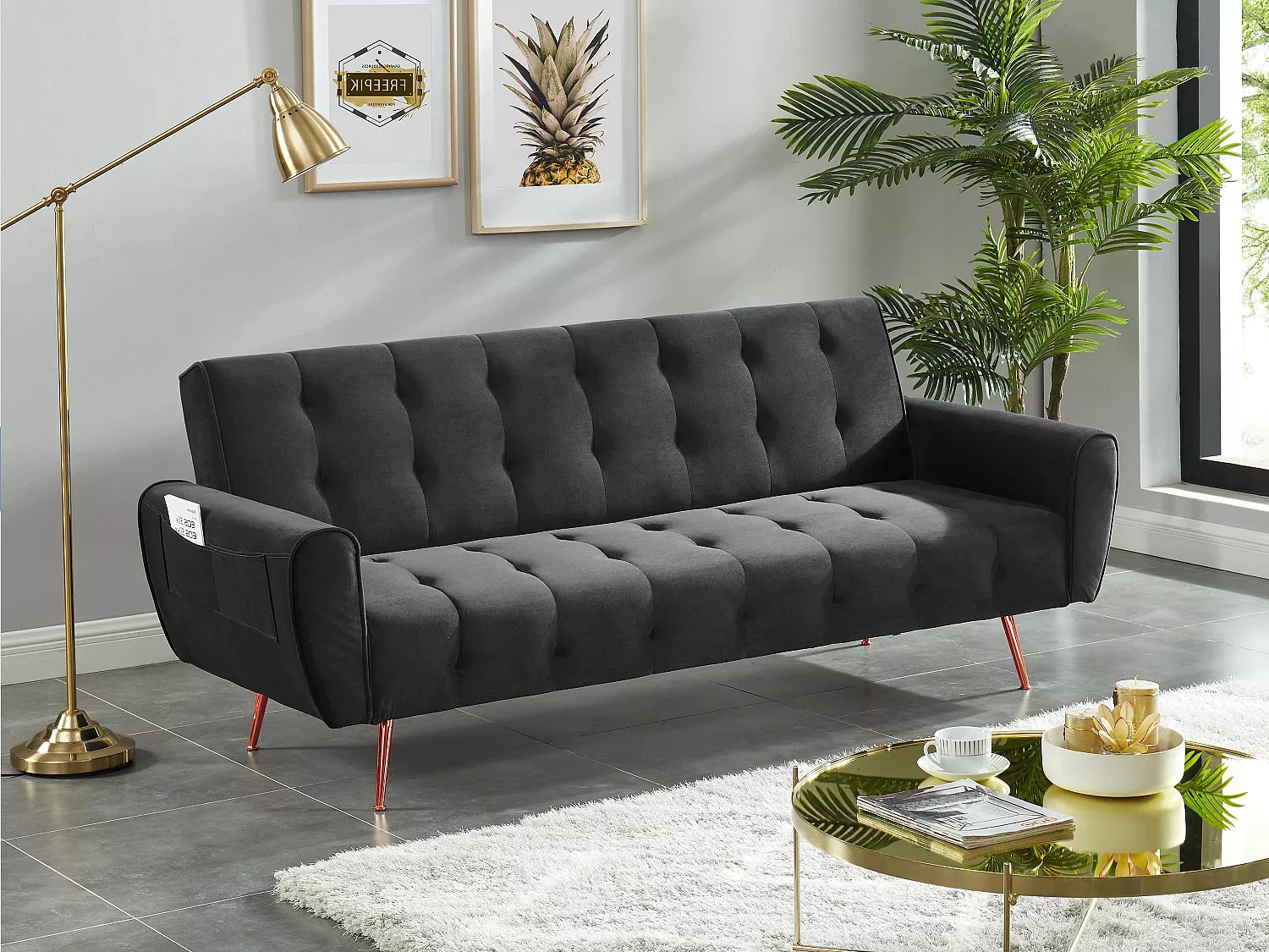 Klappsofa 3-Sitzer Samt POLANI - Anthrazit Bild 1