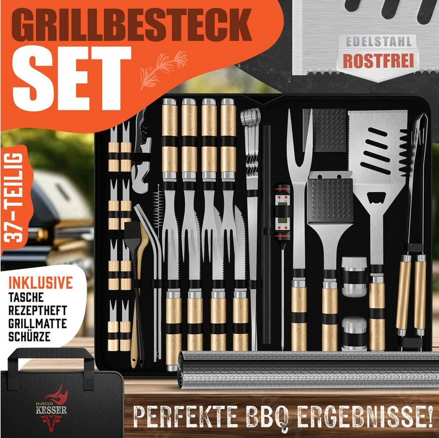 KESSER® Grillbesteck Set 37-teilig Grillzubehör aus rostfreiem Edelstahl Grillset mit Grillzange, Grillwender, 4in1 Grillspatel, Grillgabel, Grill-Spieß, Thermometer, Korkenzieher, Grillmatte & Tasche Beige Bild 1