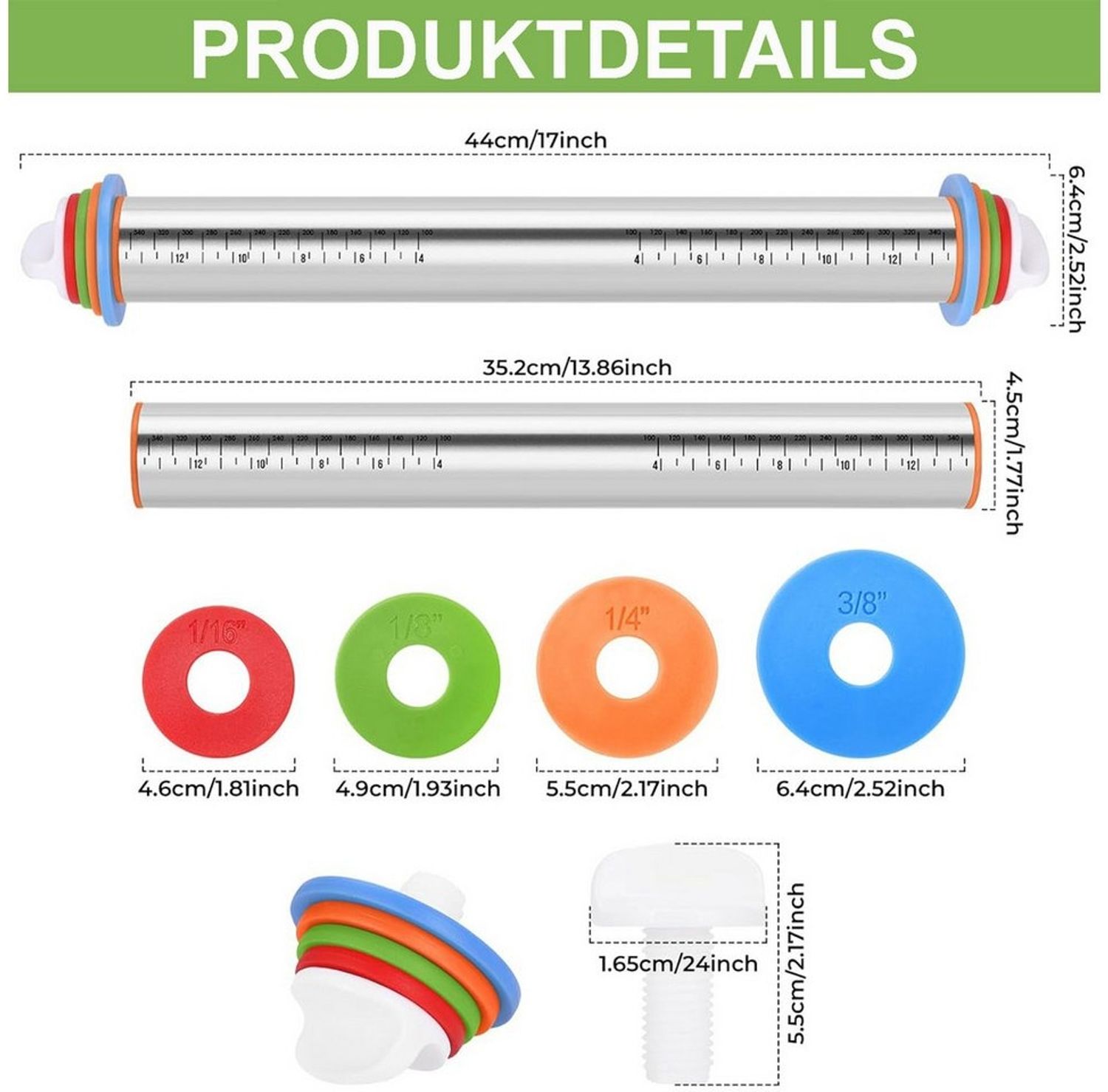 Mutig Teigroller Nudelholz Edelstahl,Mit Silikon-Teigmatte,Dicke verstellbar,antihaft, (Antihaft Teigrolle Backzubehör 45*7cm mit Dicke-Verstellbares Ringe, für Teig, Fondant, Pizza, Cookie, Gebäck, Teig), Tolles Geschenk zu Weihnachten, Geburtstag, Ei... Bild 1