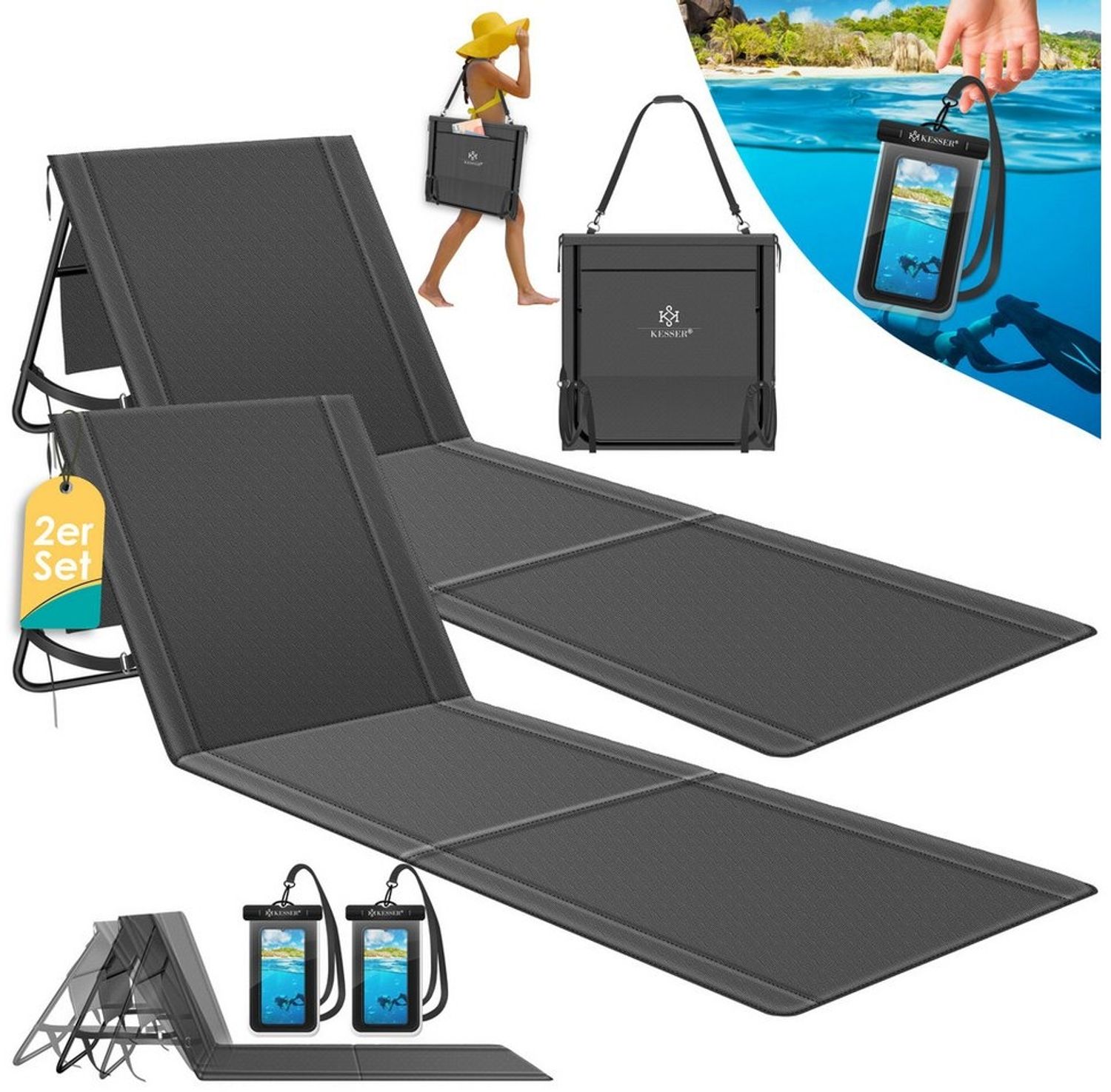 KESSER® Strandmatte klappbar mit verstellbarer Rückenlehne, Strandliege faltbar mit Tragegurt, wasserdichter Handyhülle & Aufbewahrungstasche, Sonnenliege für Strand Garten Terrasse, Liegematte 130Kg Anthrazit, 2er Set Bild 1