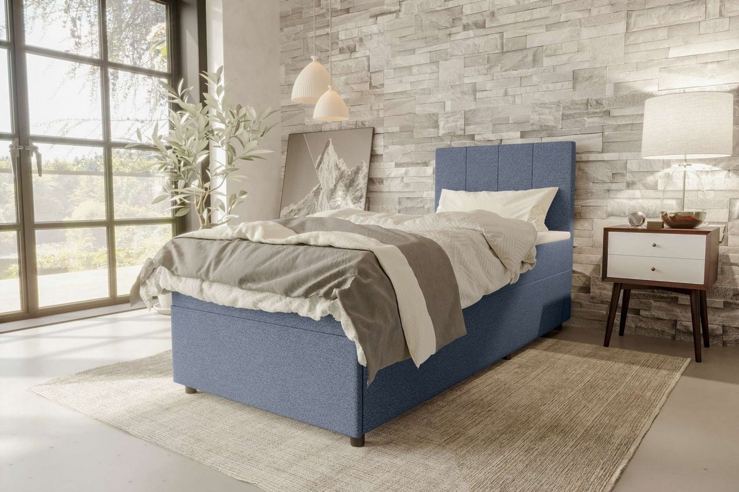 99rooms Kira Mini Boxspringbett Strukturstoff NEVE Blau 90x200 cm Bild 1