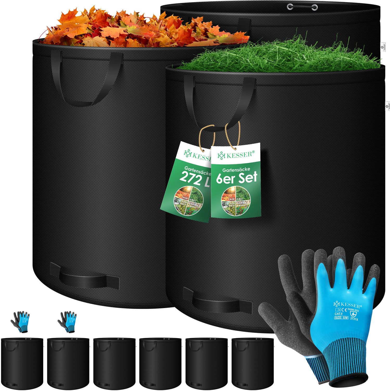 KESSER® Gartensack Set Laubsack Gartenabfallsack inkl. Handschuhe - Selbststehend 4 Griffe Stabil Robust & Faltbar - Laubsäcke Rasenschnitt Gartensäcke für Gartenabfälle Grünschnitt Schwarz, 6x272 Liter Bild 1