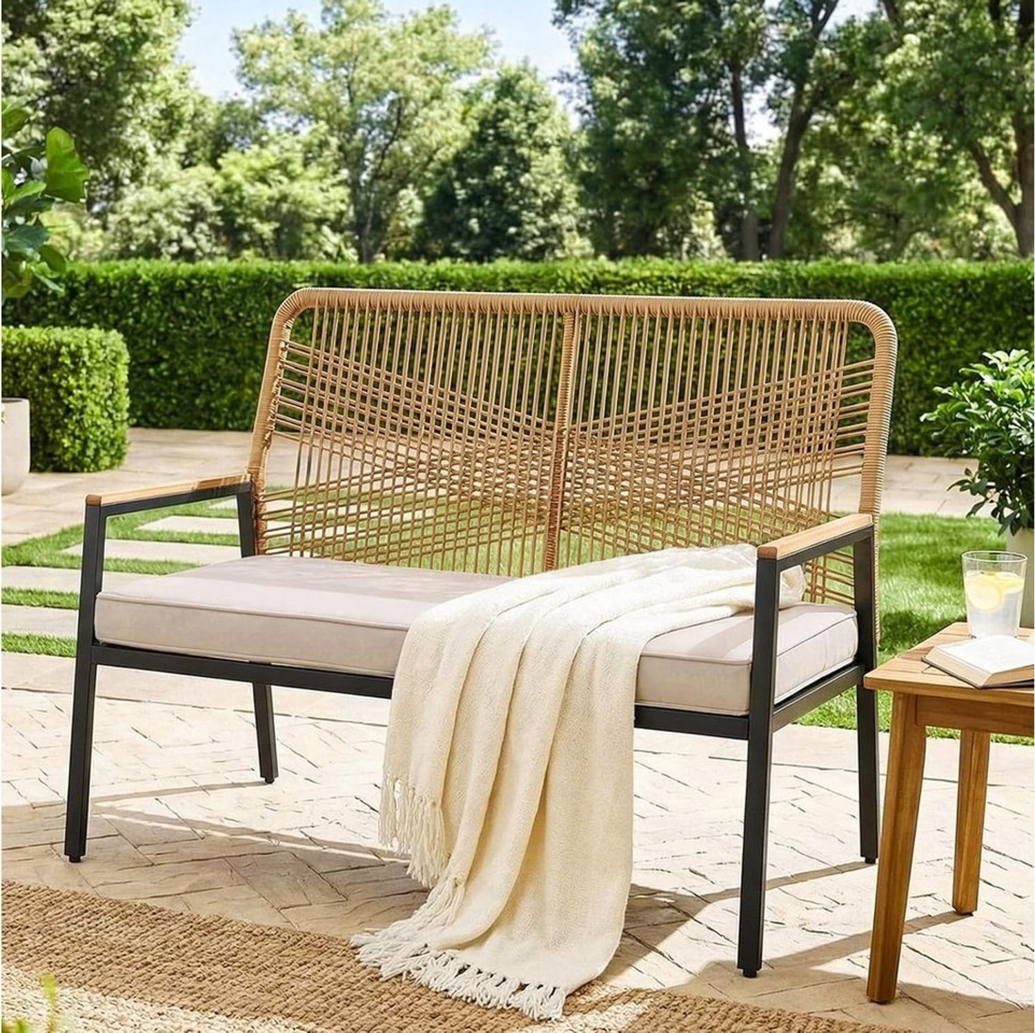 TLGREEN Gartenbank Rattan,2-Sitzer Gartenstuhl Polyrattan,Sitzbank Outdoor, (Gartenmöbel mit 8 cm dicken Sitzkissen, WPC Armrest), für Terrasse, Garten, Veranda Bild 1