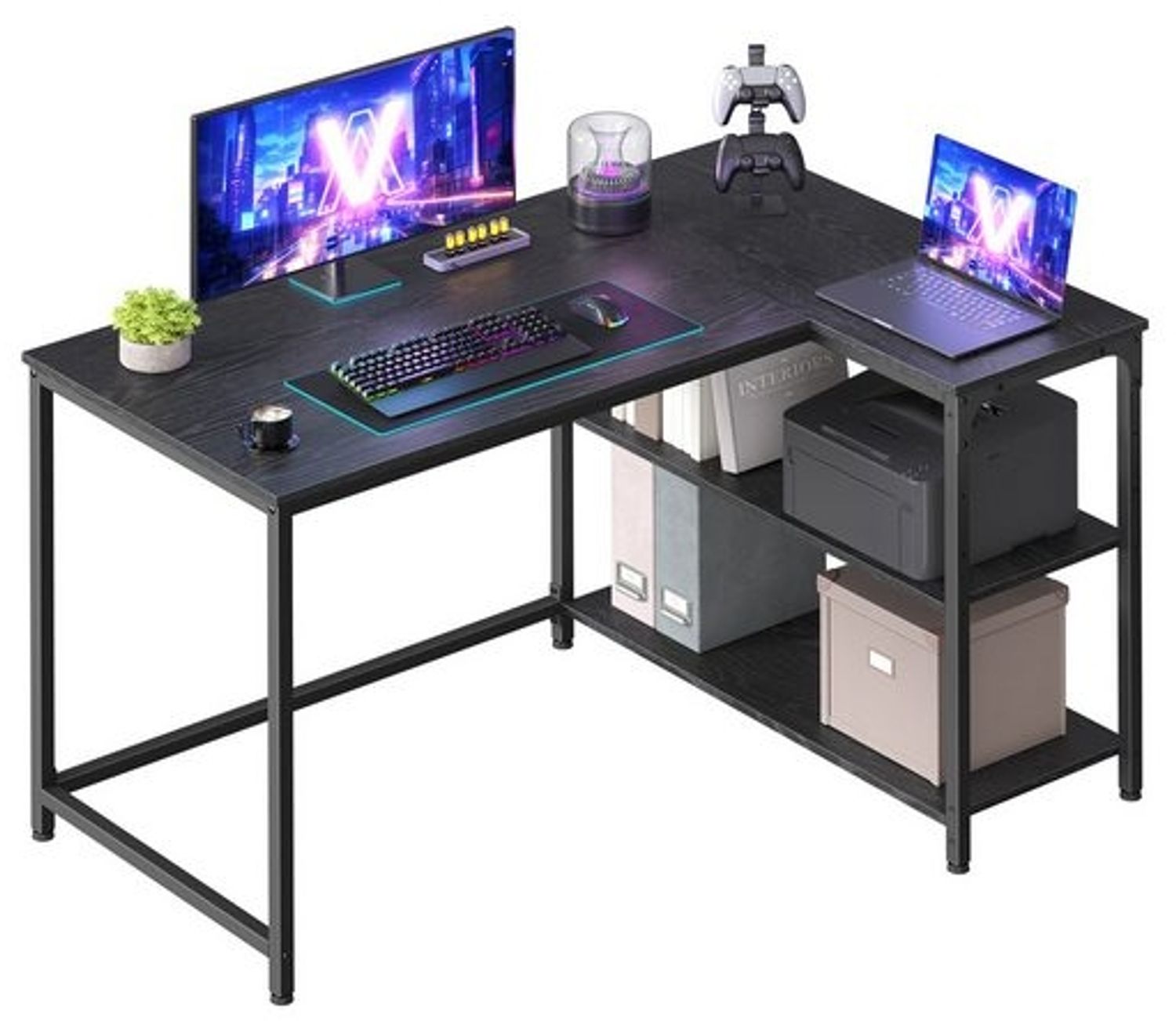 VASAGLE Schreibtisch mit Stauraum, L-Form Computertisch, höhenverstellbare Ablage, Büro, 110 x 80 cm, schwarz Bild 1