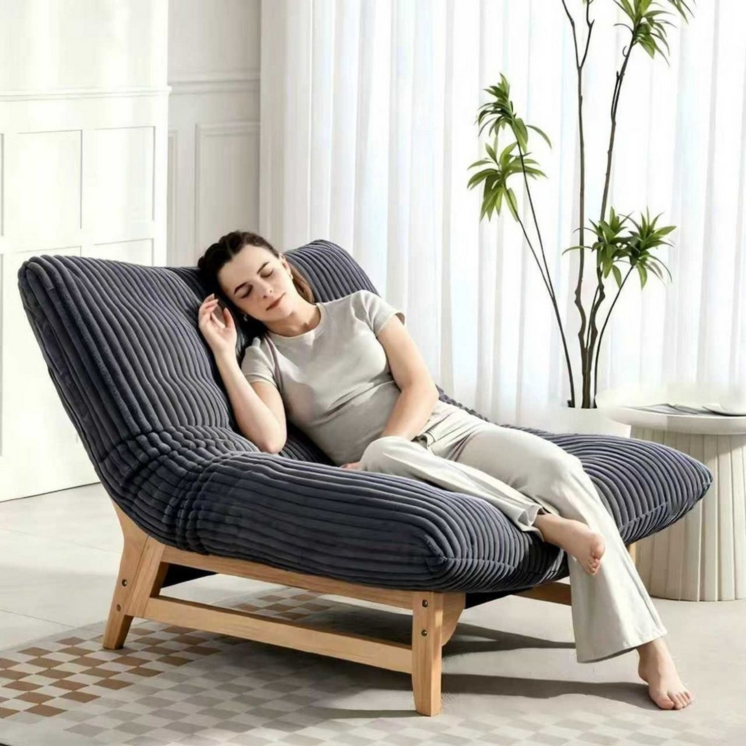 KLAM HOME Relaxsessel Loungesessel Sessel für Erwachsene Weißer Kordelstoff (Akzent-Sessel ohne Arme mit Rückenlehne Ergonomisch), Einzelsessel für Wohnzimmer Schlafzimmer Einrichtung Akzentmöbel Bild 1