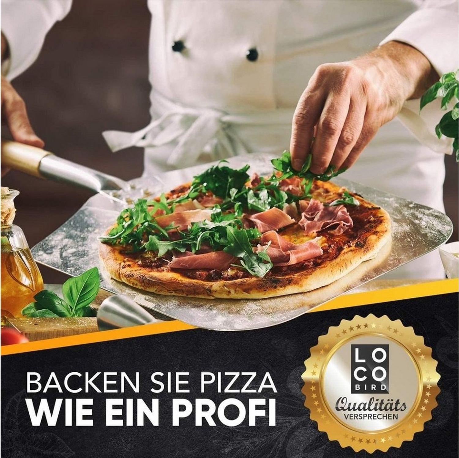Loco Bird Pizzastein für Backofen & Gasgrill, rechteckig aus Cordierit, Cordierit, (Set, 4-St, inkl. Pizzaschieber, Pizzamesser und Rezeptbuch), für eine Pizza wie in Italien: authentischer Geschmack für Zuhause Bild 1