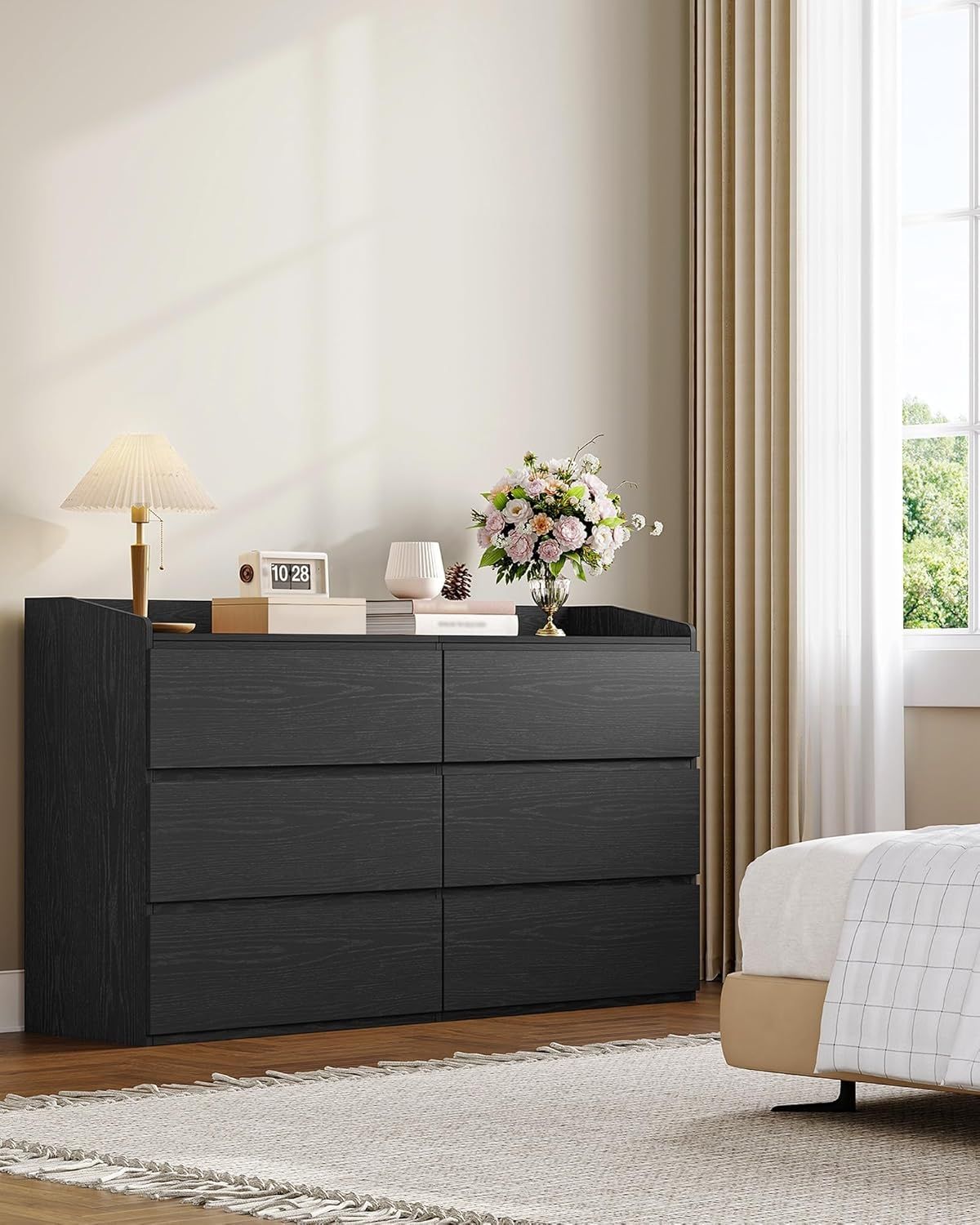 Kommode 138 cm, Kommode mit 6 Schubladen, Seitenschrank mit Arbeitsfläche, Spind mit Oberem Geländer, Geeignet für Wohnzimmer und Schlafzimmer, 40 x 138 x 84 cm, Schwarz Bild 1