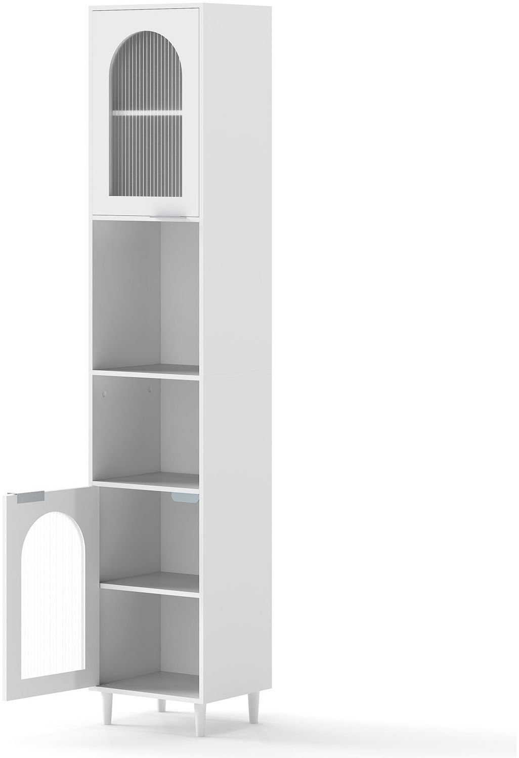 Hoher Badezimmerschrank schmaler Heimorganisator mit zwei geriffelten Glastüren freistehender schmaler Schrank Weiß Bild 1