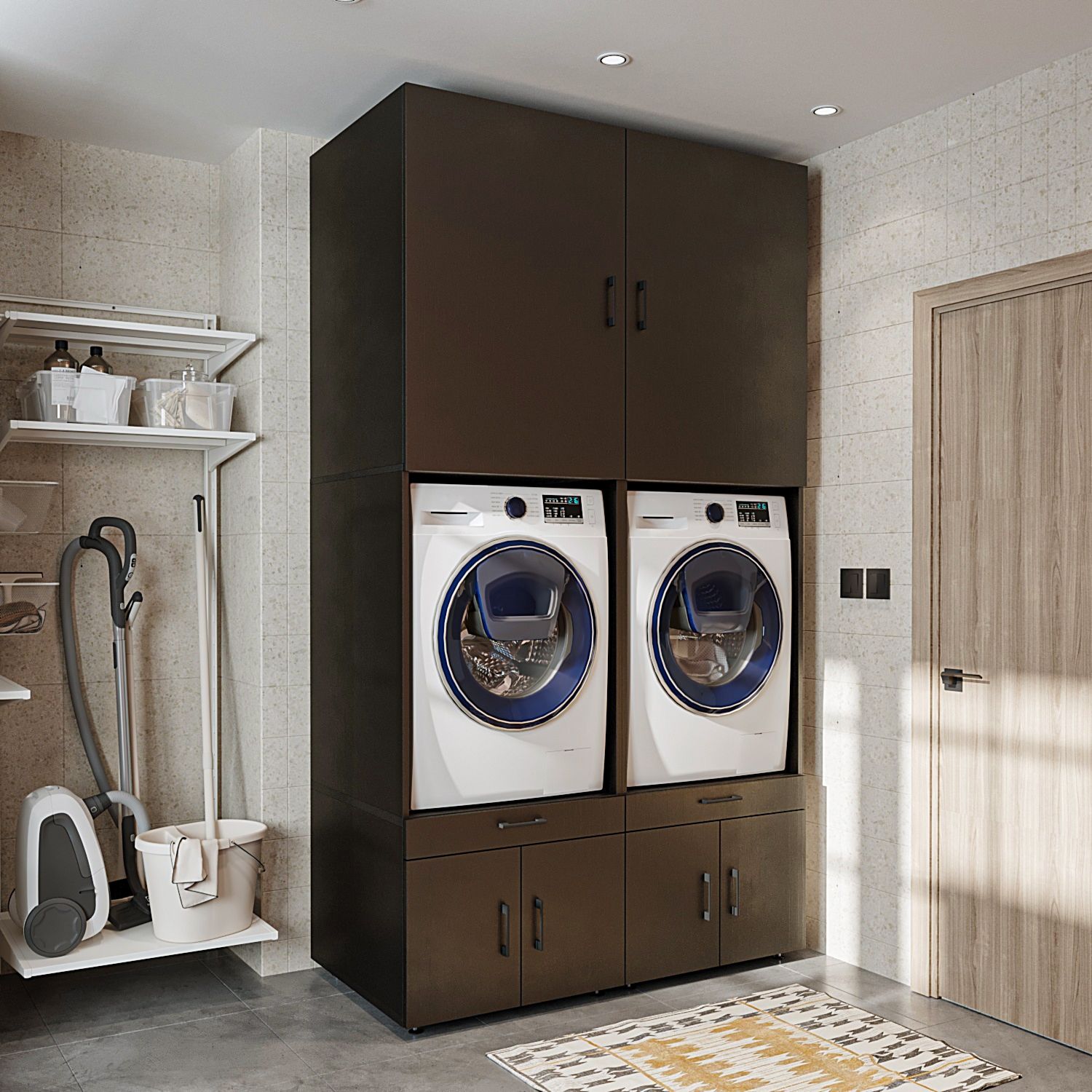 Roomart • Waschmaschinenschrank mit Schrankaufsatzen 95cm, in 3 Farben, HBT: 240 x 134 x 66,8 cm, Schublade & Ausziehbrett, Schwarz Eiche Bild 1