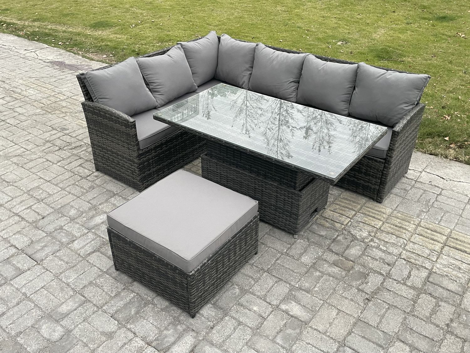 Fimous 7 Sitzer Rattan Gartenmöbel-Sets Hoher Rücken Ecksofa Höhenverstellbarer Esstisch Set mit Großer Fußhocker Dunkelgrau gemischt Bild 1