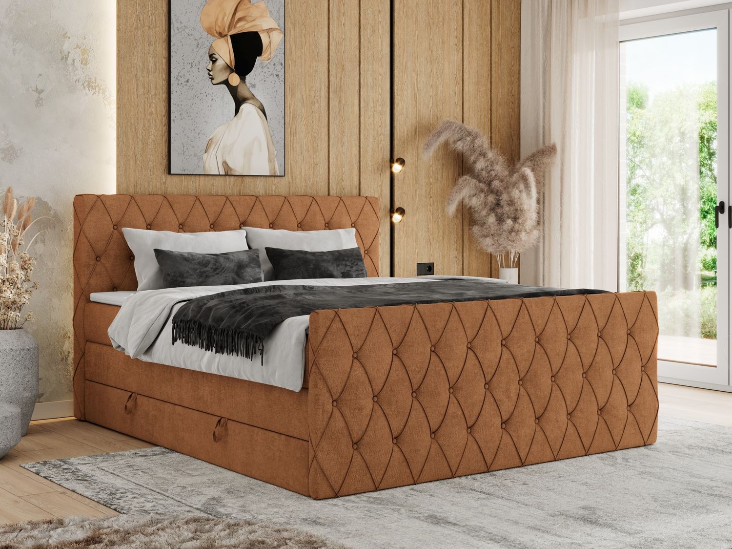 Boxspringbett, Doppelbett mit Fußteil, Multipocket-Matratzen und Topper, gestepptes Kopfteil und Front - MIREN KING DUO - 180 x 200 cm - Orange Stoff - H3 Bild 1