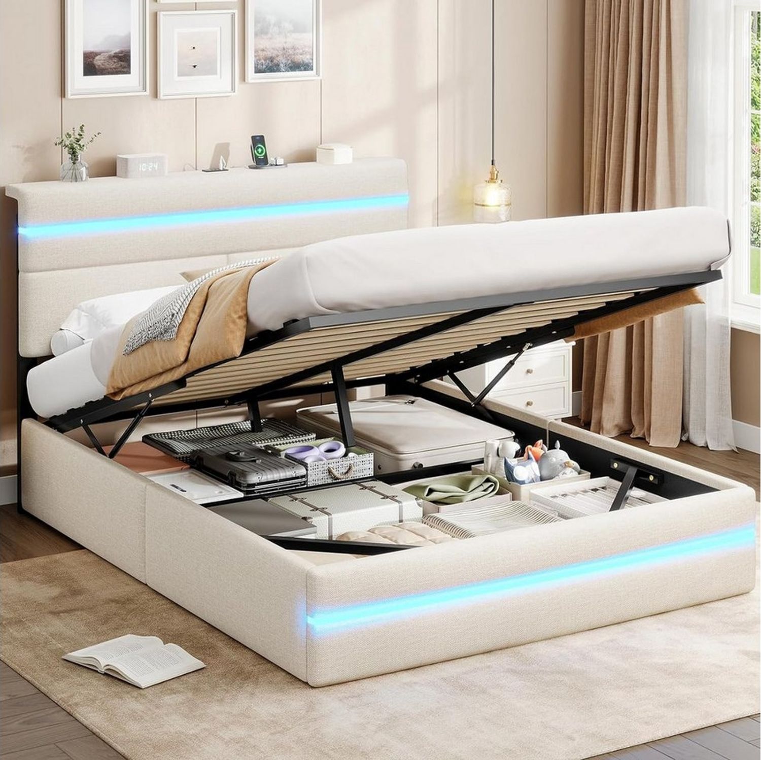 MSMASK Polsterbett mit Hydraulischem Stauraum, LED-Kopfteil & Ladestation (Ohne Matratze), Doppelbett, Jugendbett mit Lattenrost 140x200cm Bild 1