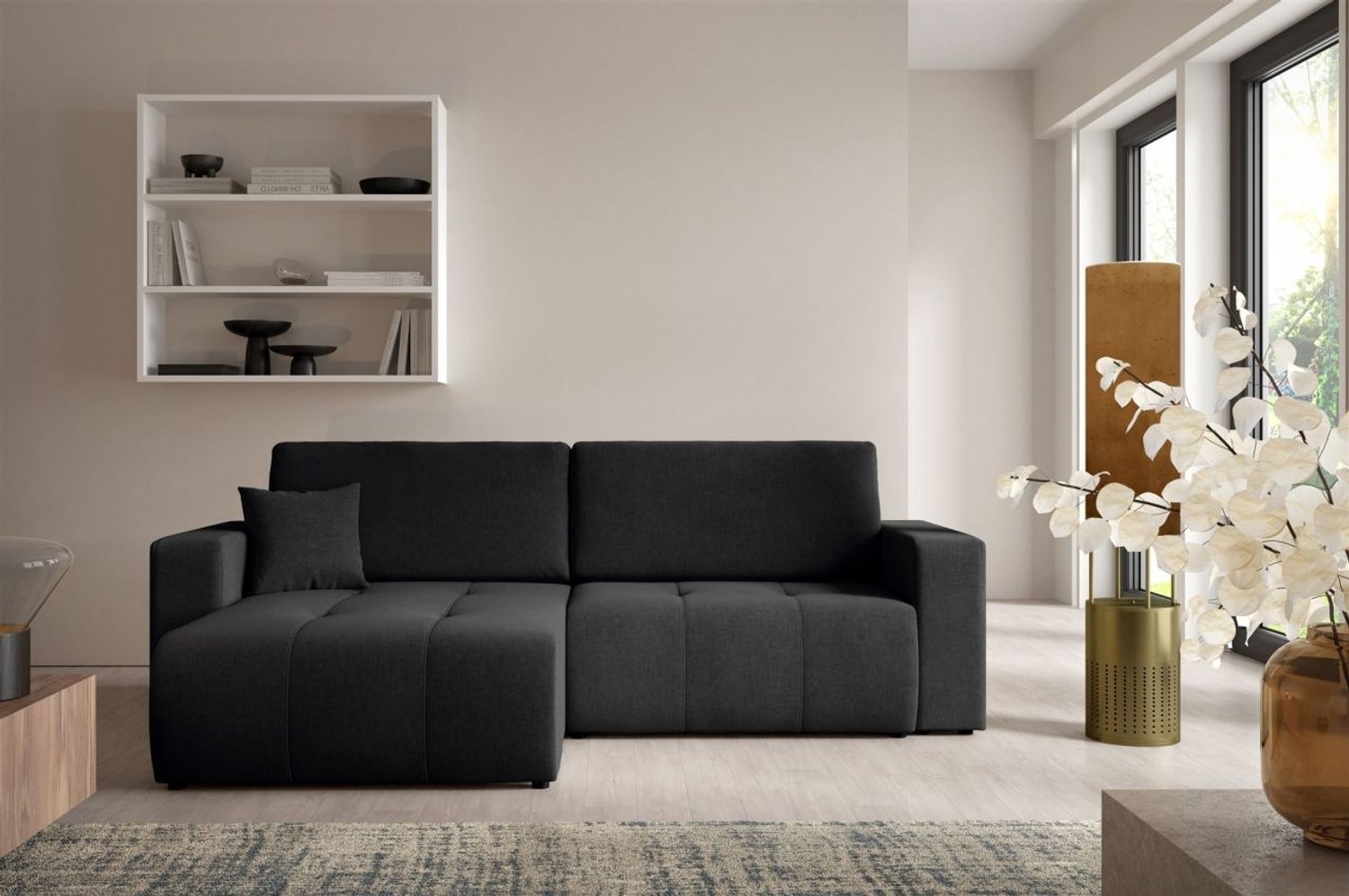 Ecksofa Sofa mit Schlaffunktion AUGUSTO in Stoff Wind Schwarz Ottomane Links Bild 1