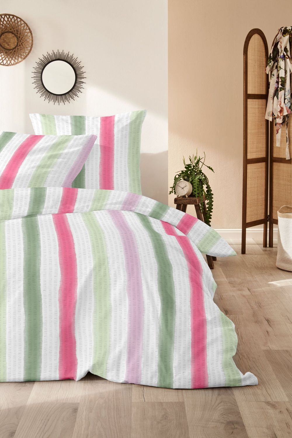 Primera Soft-Seersucker Bettwäsche 135x200 Streifen grün weiß pink 213071-52 Bild 1