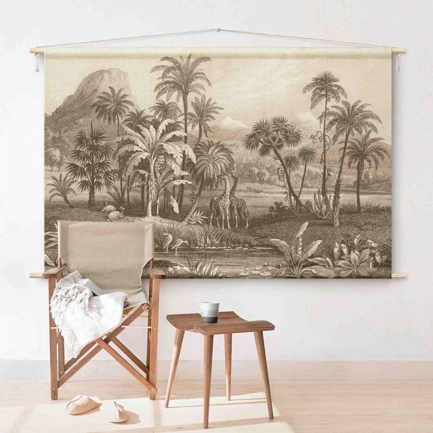 Bilderdepot24 Wandteppich modern Wald Tropisch Natur Vintage Tiere Vögel beige, rechteckig, Höhe: 2.6 mm, großes Wandbild aus Natur-Baumwolle Wandbehang Stoffbild Tuch Wollseil Bild 1