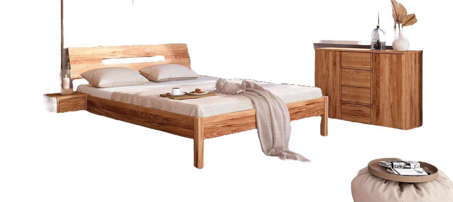 Bett Bento 7 aus Kernbuche massiv 100x200 cm mit Holzkopfteil und Holzbeinen Bild 1