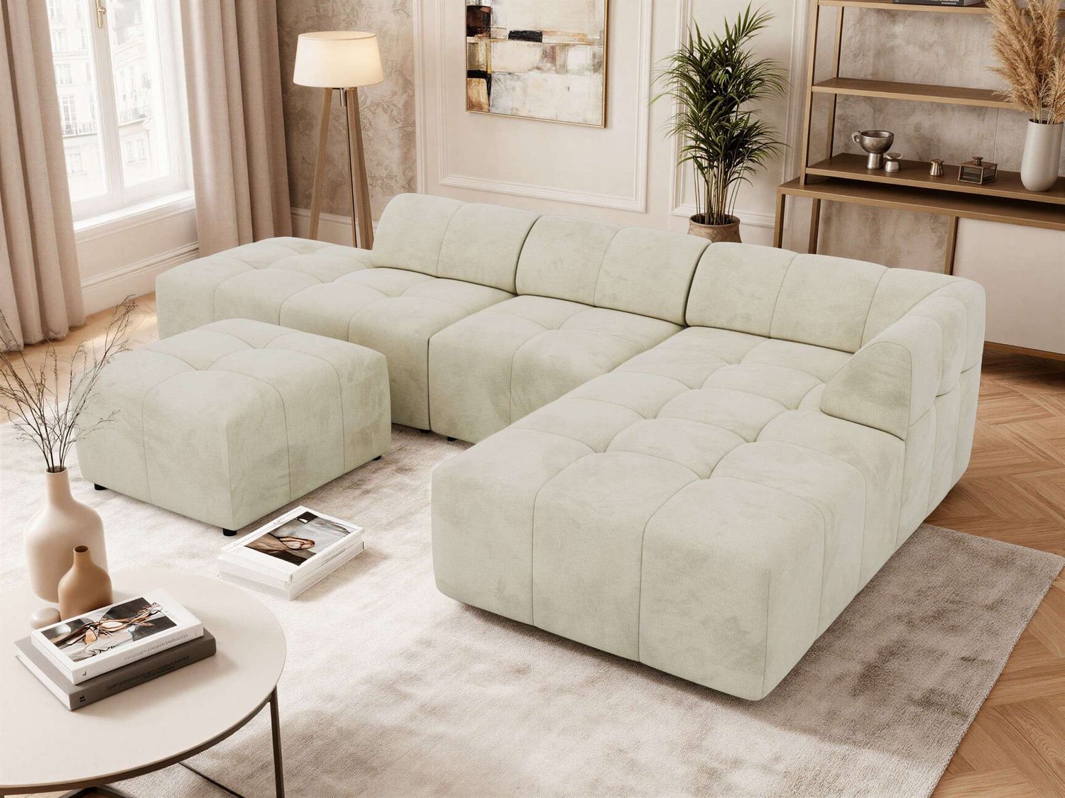 Modulares Ecksofa mit Hocker GRIDA 4M L Wohnlandschaft, Wellenfedern, gesteppte Sitzfläche, Wohnzimmer Sofa L-form - Beige Velvet - Rechts Bild 1