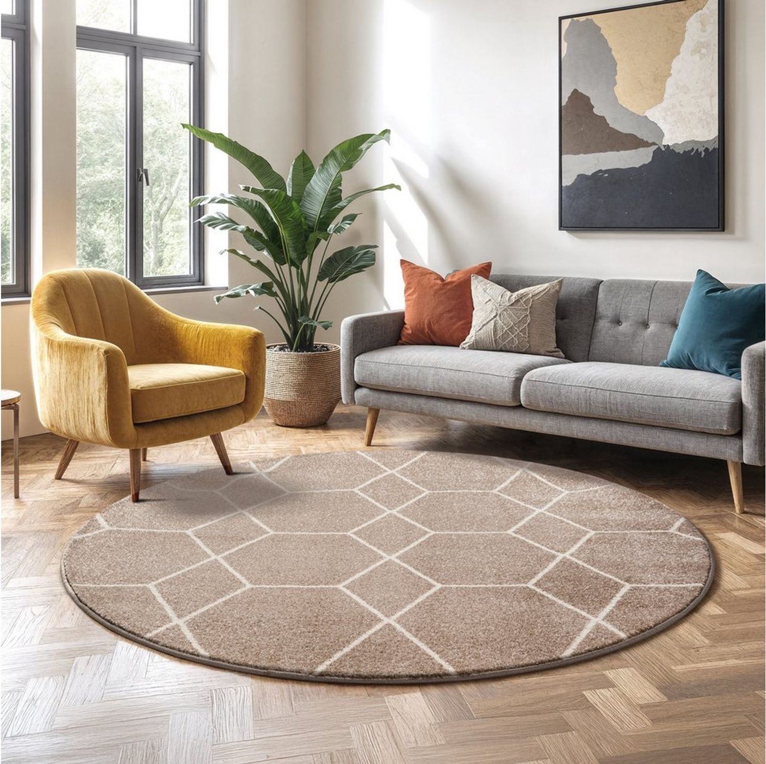 Sanat Teppich Trellis, rund, Höhe: 10 mm, Kurzflor, skandi, boho, auch als Läufer und in rund Bild 1