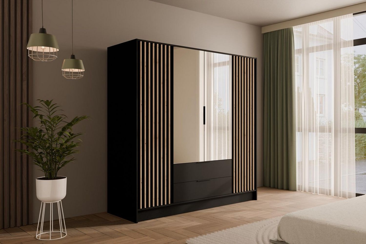 ALTDECOR Drehtürenschrank NELIA (Kleiderschrank Garderobenschrank mit viel Stauraum, Moderner Schrank) Vielseitiger Drehtürenschrank mit Spiegeltüren Spiegel Lamellen Bild 1