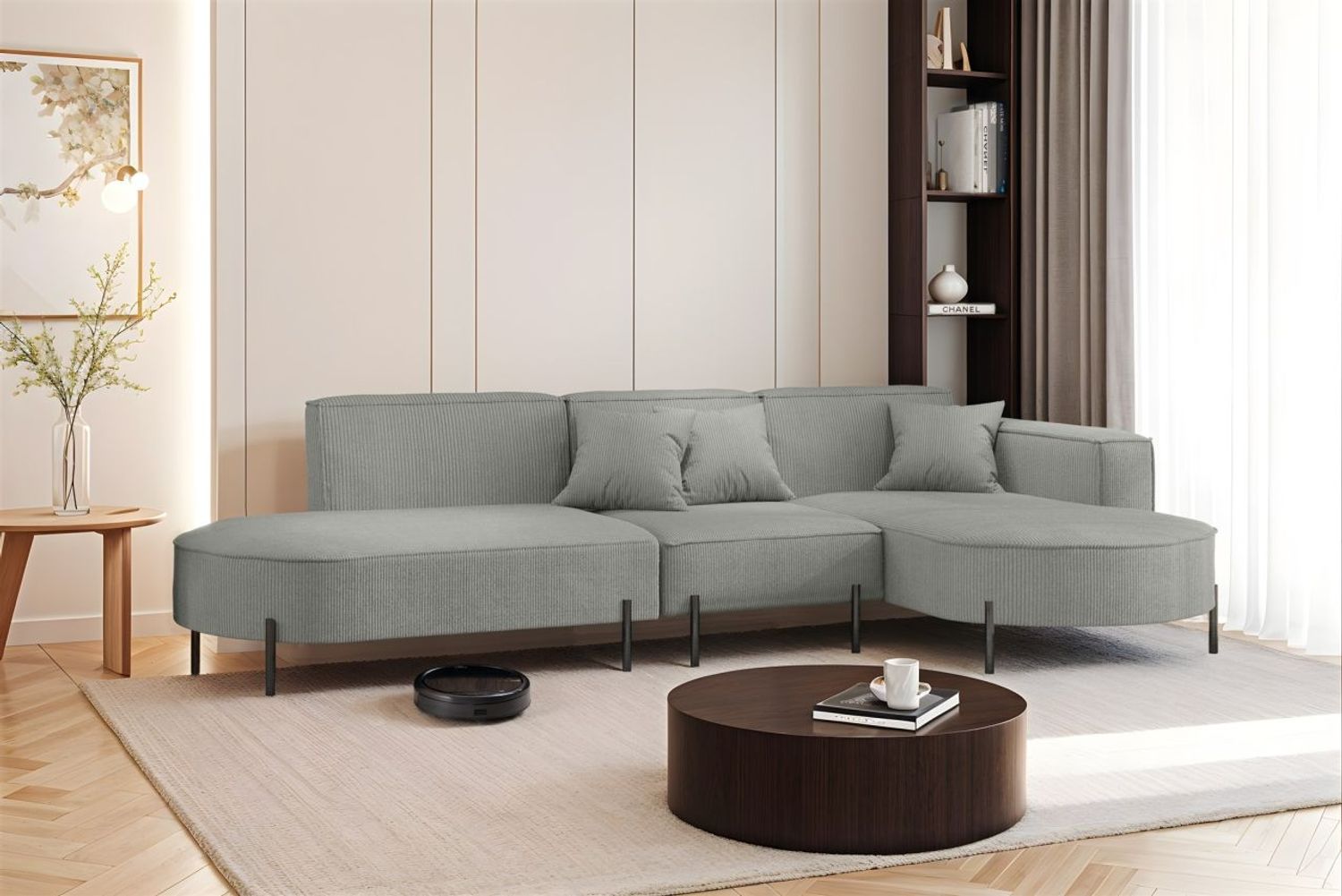 Ecksofa Designersofa VALENCIA in Stoff Scala Grau Ottomane Rechts Bild 1