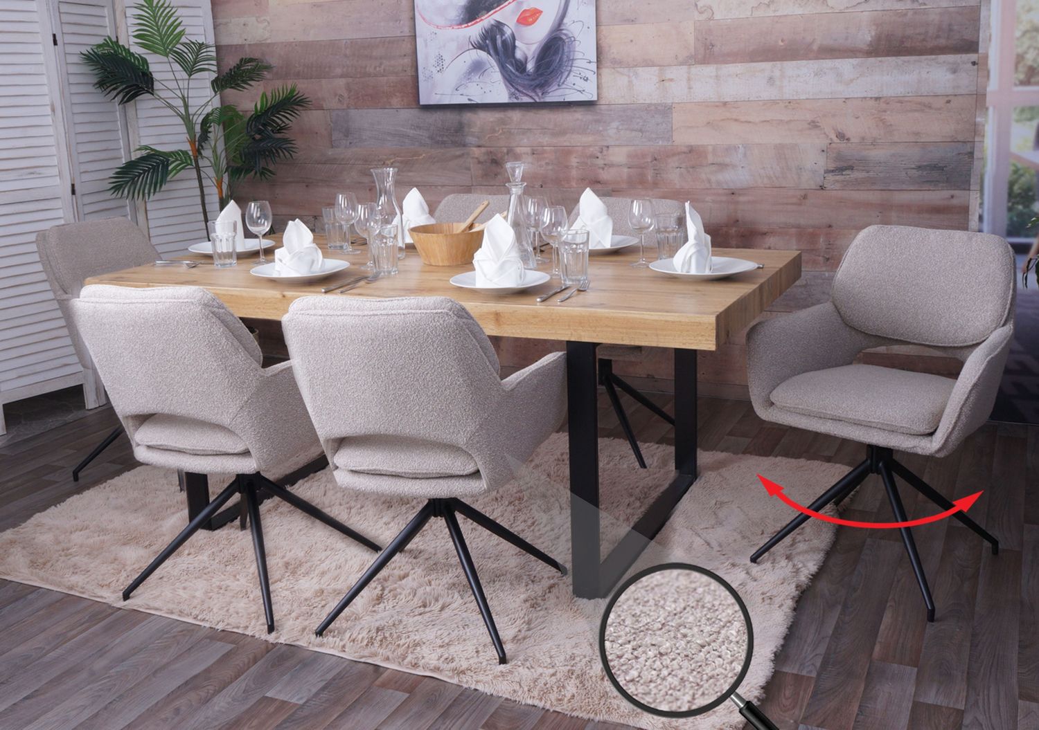 6er-Set Esszimmerstuhl HWC-N74, Küchenstuhl, drehbar Auto-Return, Stoff Bouclé (540g/m²) Öko-Tex ~ beige Bild 1