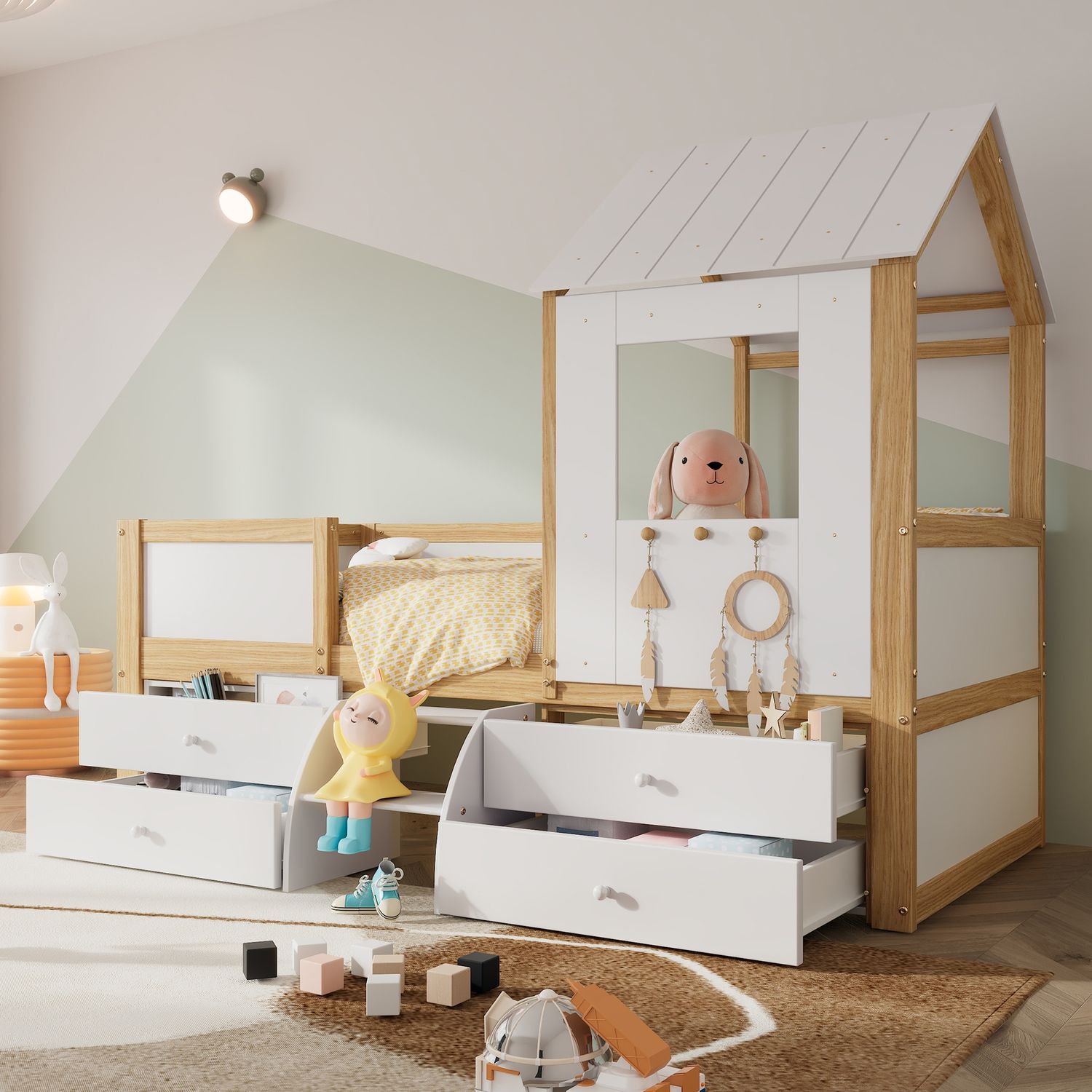 Kinderbett Hausbett mit 4 Schubladen & Treppe, 90x200 cm, Weiß/Natur, ohne Matratze Bild 1