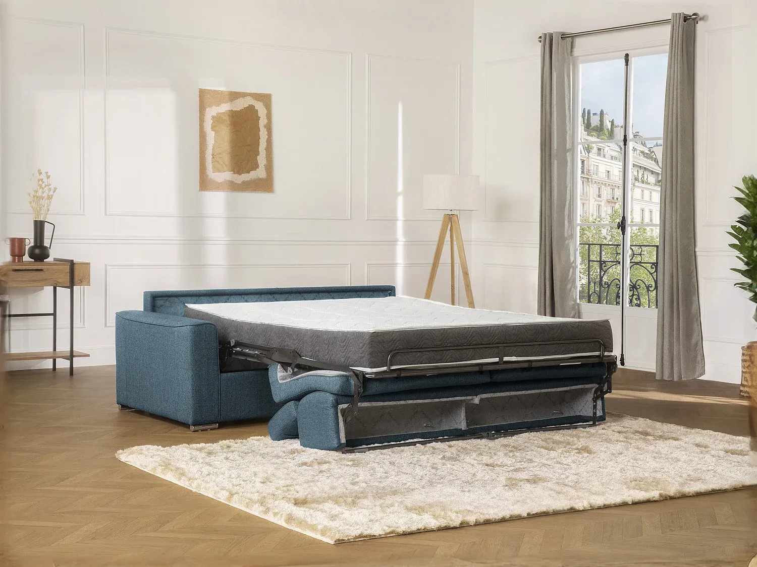 Schlafsofa 3-Sitzer Stoff VIZIR - Blau - Liegefläche: 140 cm - Matratzenhöhe: 16 cm mit Memory Schaum Bild 1