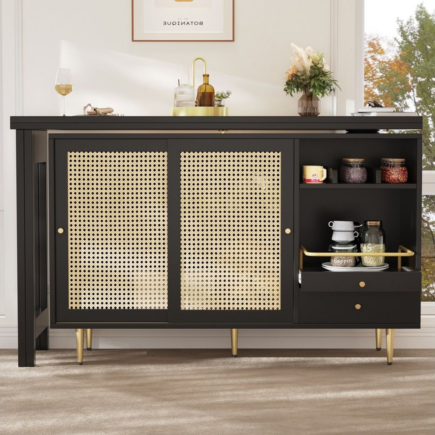 Flieks Bartisch 360° drehbar (Set, 1-St, klappbare Tischplatte 40-80cm Tiefe/120-187cm Breite), ausziehbar Stehtisch mit Sideboard Esstisch mit Rattan-Schiebetür Bild 1
