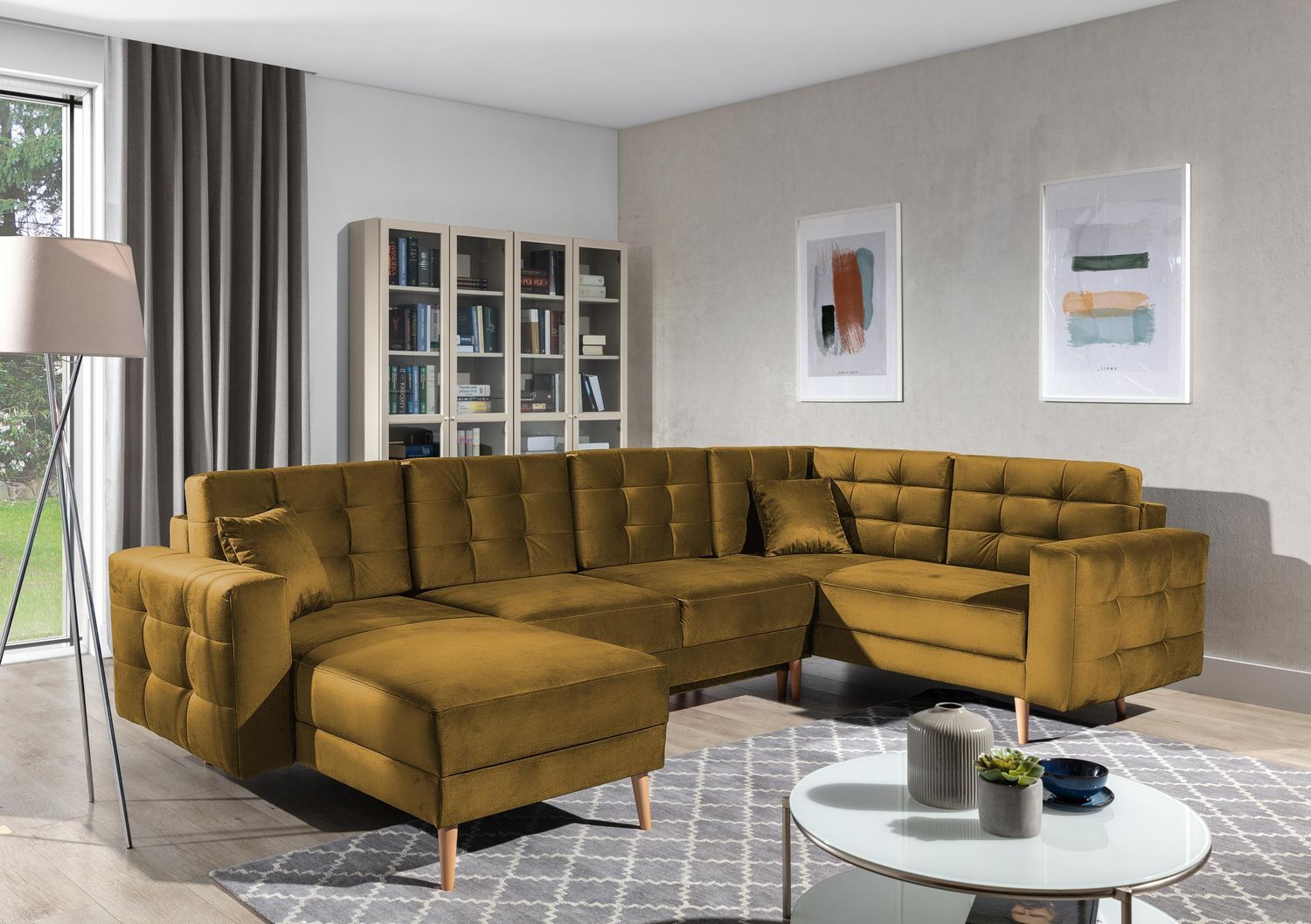 Wohnideebilder 'Asgard U' Ecksofa mit Schlaffunktion und Bettkasten, 320x90x202 cm, Gelb Bild 1