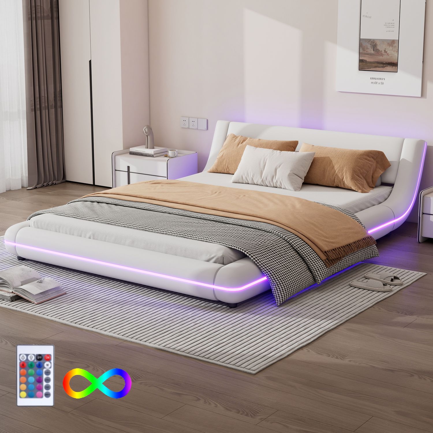140*200cm Flachbett, Bodenbett, PU, LED-Umgebungslicht, 24-Tasten-Fernbedienung, weiß Bild 1