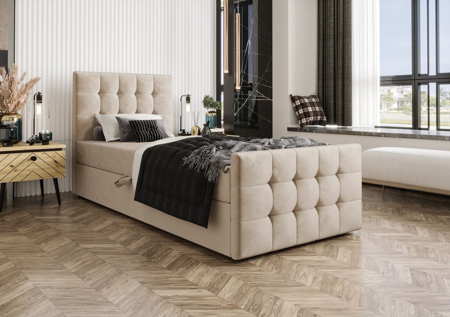 B&B Home 'Coria V' Boxspringbett mit Bettkasten, Samt , Creme, 100x200 cm Bild 1