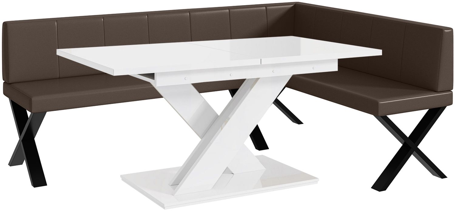 MEBLINI Eckbank für Esszimmer mit ausziehbarem Tisch - Küchenbank - Essecke - Sitzecke Küche - PETER - X-Beine 142x196x87cm Rechts - Braun Kunstleder/B Weiß Hochgl. Bild 1