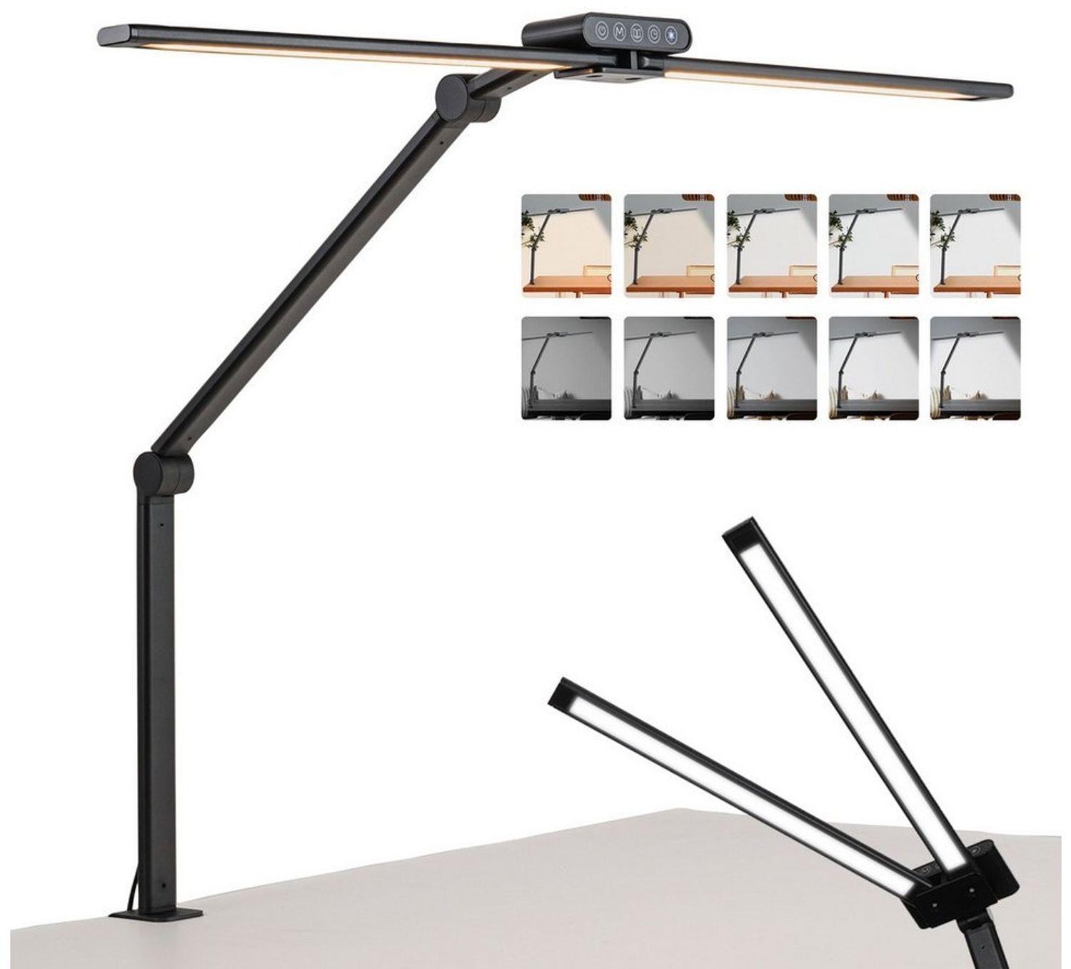 LMaxhome Schreibtischlampe 24W LED Dimmbar Doppelkopf klemmbar 2000lm Augenschutz Büro Tageslicht, 75CM, LED fest integriert, 5 Farbtemperatur und 10 Helligkeitsstufen, Touch-Steuerung, Werkbankbeleuchtung, Tischleuchte, Leselampe für Home Bild 1