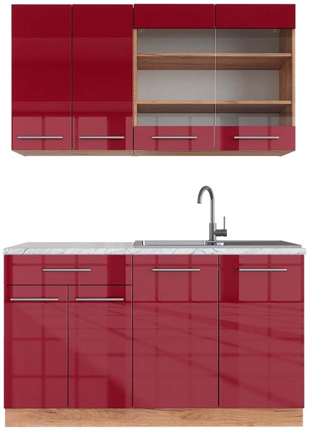 Singleküche Fame-Line Bordeaux Hochglanz/Goldkraft Eiche 140 cm , AP Marmor Vicco Bild 1