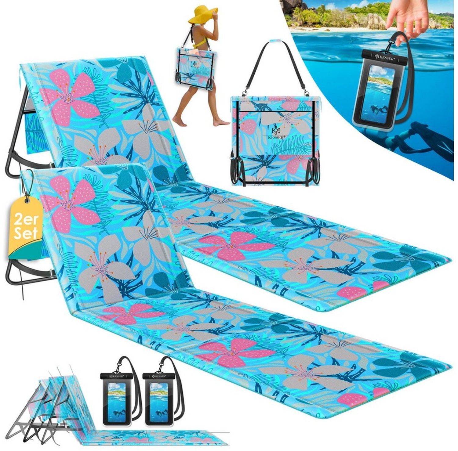 KESSER® Strandmatte klappbar mit verstellbarer Rückenlehne, Strandliege faltbar mit Tragegurt, wasserdichter Handyhülle & Aufbewahrungstasche, Sonnenliege für Strand Garten Terrasse, Liegematte 130Kg Hellblau, 2er Set Bild 1