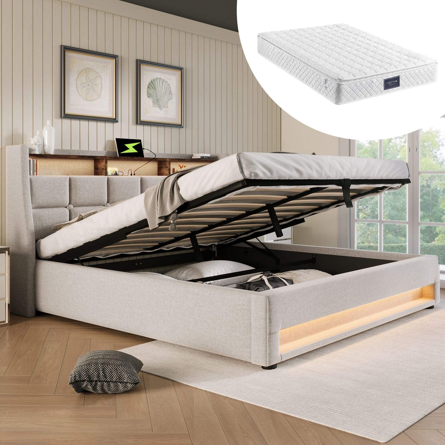 Polsterbett 140×200 cm aus Leinen-Stoff mit LED-Beleuchtung & Matratze, beige Bild 1